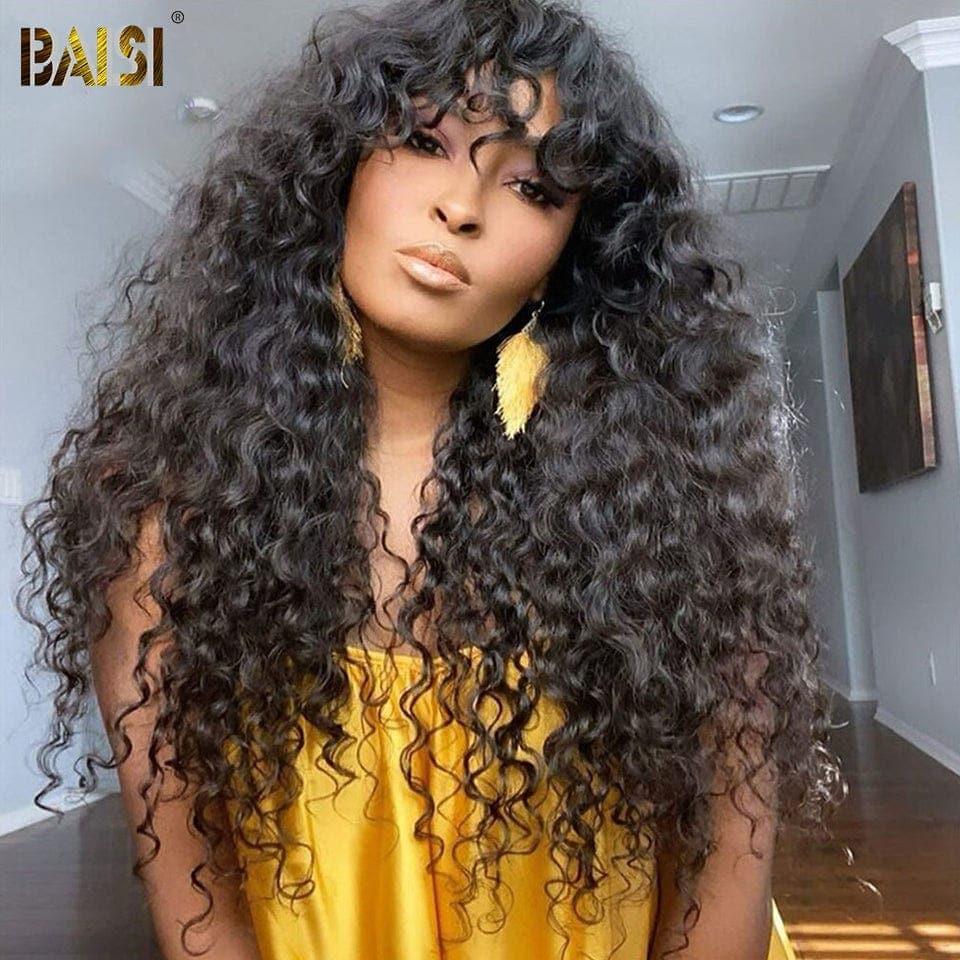 Baisi 4x4 Closure Deep Wave Wig mit Pony Chinese Cut 100% Echthaar