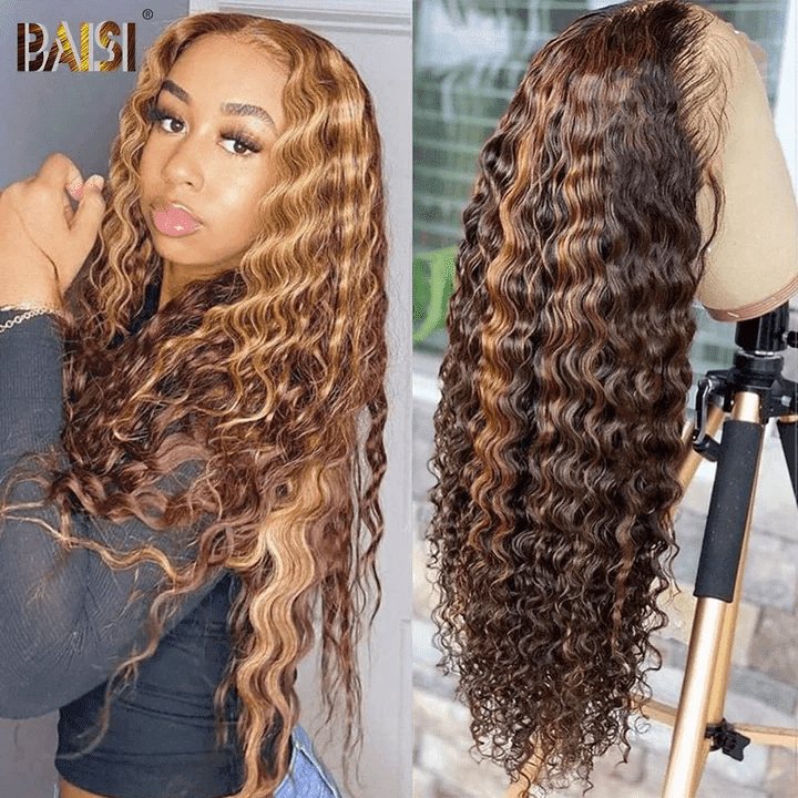 BAISI 13x4 Lace Frontal Wig Deep Wave Honey #4MIX#27 in 100% Human Hair