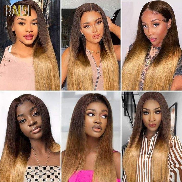 BAISI Achetez 2 perruques minimum au prix d'usine fournisseur 13x4 Frontal Lace Perruque Lisse En Couleur Miel 1B/#4/#27 (Pas Besoin de Code)