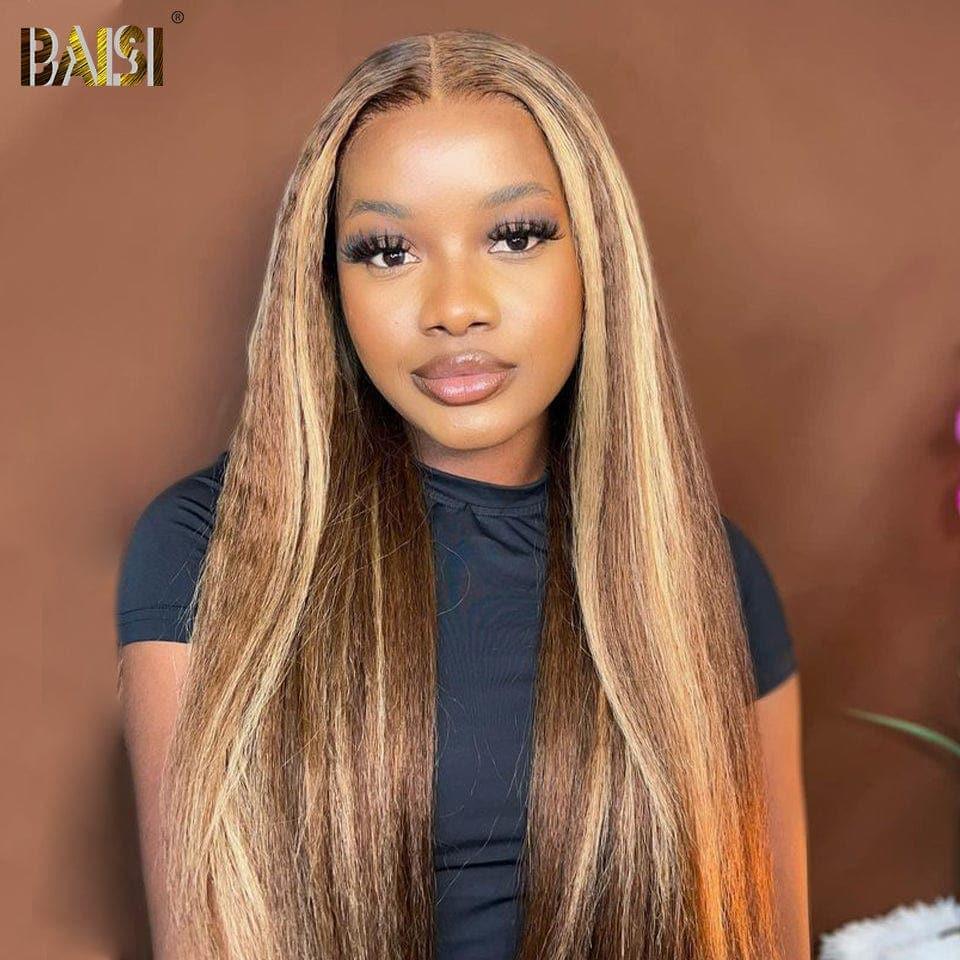 BAISI 13x4 Lace Frontal Wig Kinky Straight #4MIX#27 in 100% Human Hair