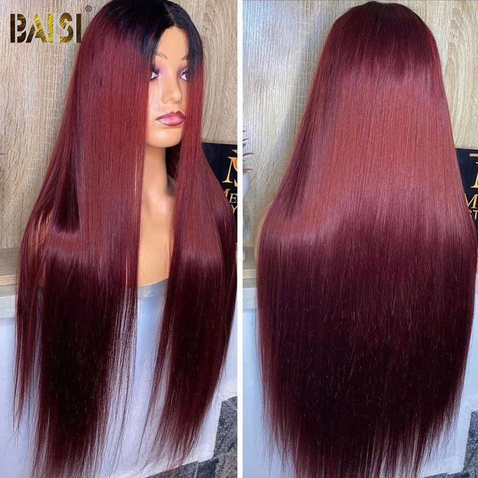 BAISI Achetez 2 perruques minimum au prix d'usine fournisseur lace frontale 13*4 Perruque Lisse 1b Rouge Bordeaux (Pas Besoin de Code)