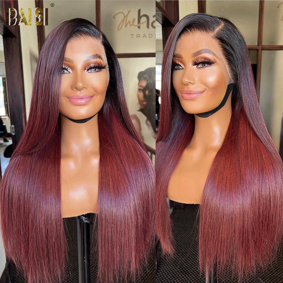 BAISI Achetez 2 perruques minimum au prix d'usine fournisseur lace frontale 13*4 Perruque Lisse 1b Rouge Bordeaux (Pas Besoin de Code)