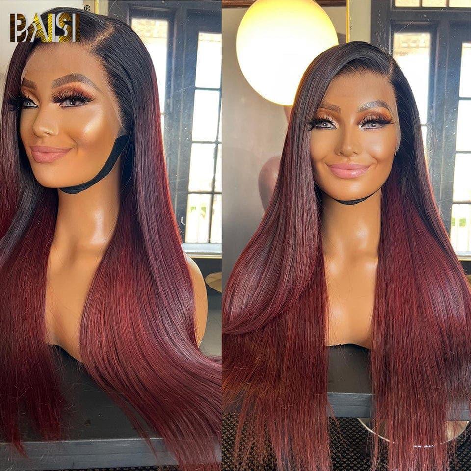 BAISI Achetez 2 perruques minimum au prix d'usine fournisseur lace frontale 13*4 Perruque Lisse 1b Rouge Bordeaux (Pas Besoin de Code)