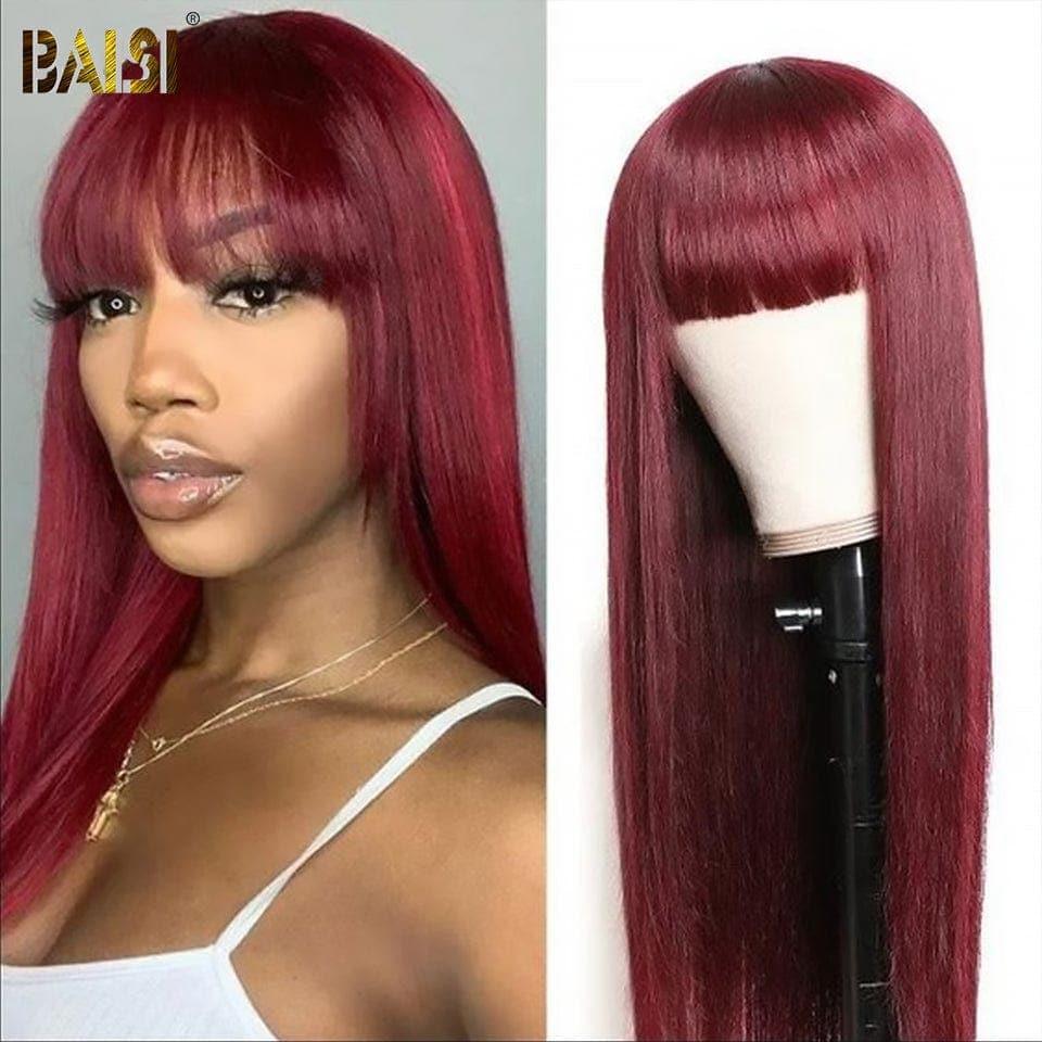 BAISI Achetez 2 perruques minimum au prix d'usine fournisseur 13x4 Lace Frontal Perruque Lisse En Rouge Bordeaux avec Frange En 100% Cheveux Humains (Pas Besoins De Code)
