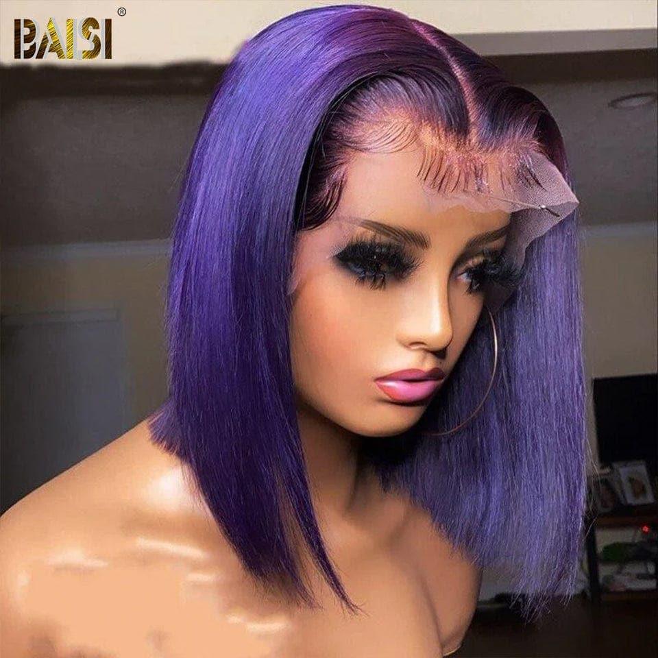 BAISI Achetez 2 perruques minimum au prix d'usine fournisseur 13x4 Frontal Perruque Bob Lisse En Violet Coupe Carrée En 100% Vrais Cheveux Humains (Pas Besoins De Code)