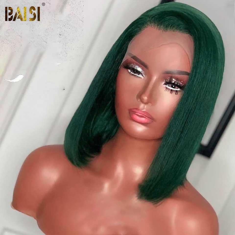 BAISI 13 x 4 Frontal Straight Bob Perücke in Smaragdgrün Square Cut 100 % Echthaar