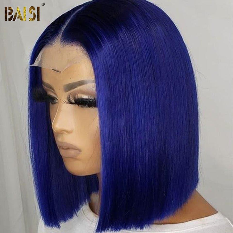 BAISI 13 x 4 frontale gerade Bob-Perücke im blauen Bob-Schnitt, 100 % echtes Echthaar