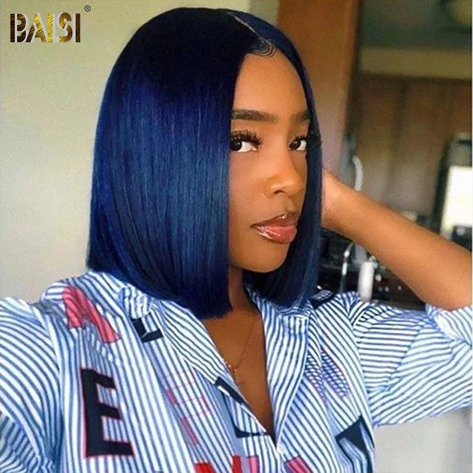 BAISI 13 x 4 frontale gerade Bob-Perücke im blauen Bob-Schnitt, 100 % echtes Echthaar