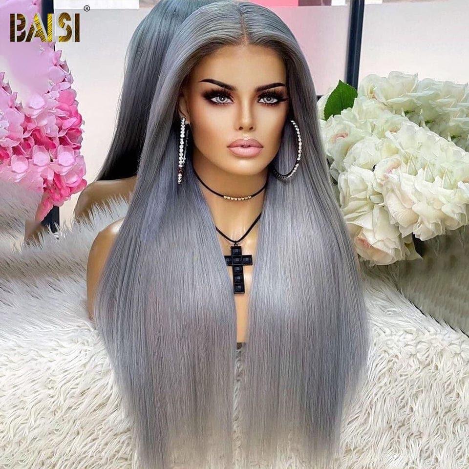 BAISI Achetez 2 perruques minimum au prix d'usine fournisseur 13x4 Lace Frontal Perruque Lisse En Gris Sans Colle Lace déjà couper Facile à Porter En 100% Cheveux Humains (Pas Besoins De Code)