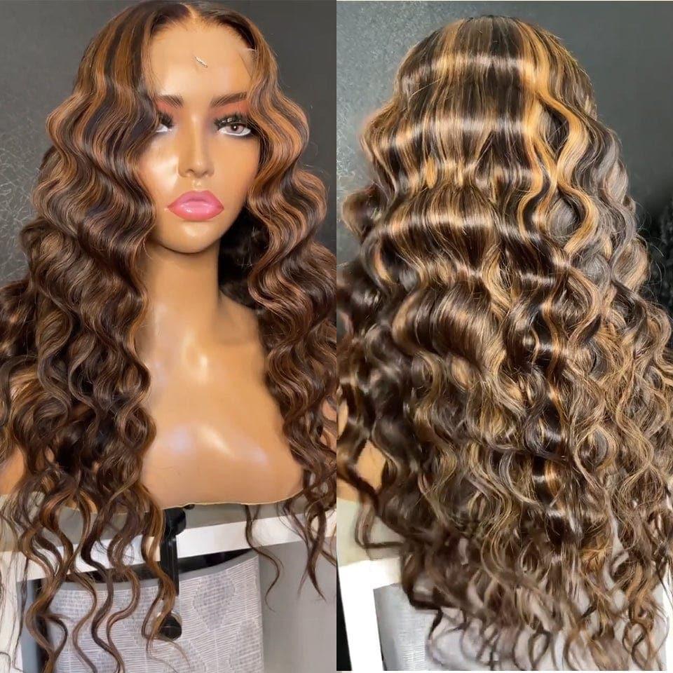 BAISI Achetez 2 perruques minimum au prix d'usine fournisseur en France TVA 0€ 48H arrivé 13x4 Lace Frontal Perruque Deep Wave En Couleur Mixte #4#27 Sans Colle Lace déjà couper Facile à Porter En 100% Cheveux Humains (Pas Besoins De Code)