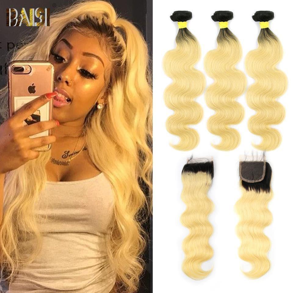 BAISI 10A 100% Human Hair 1B/613# Eurasian Wavy Body Wave Blonde Hair Bundles Closure