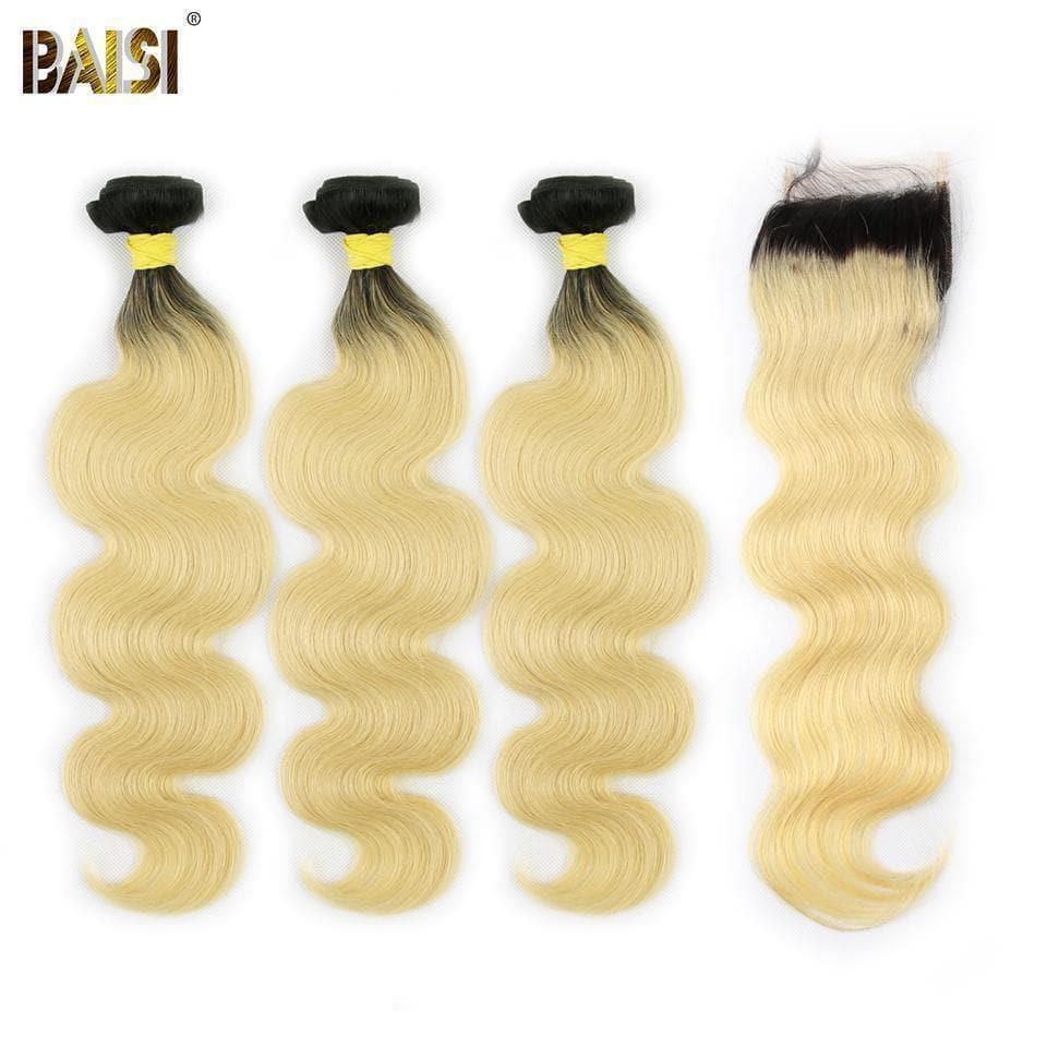 BAISI 10A 100% Human Hair 1B/613# Eurasian Wavy Body Wave Blonde Hair Bundles Closure
