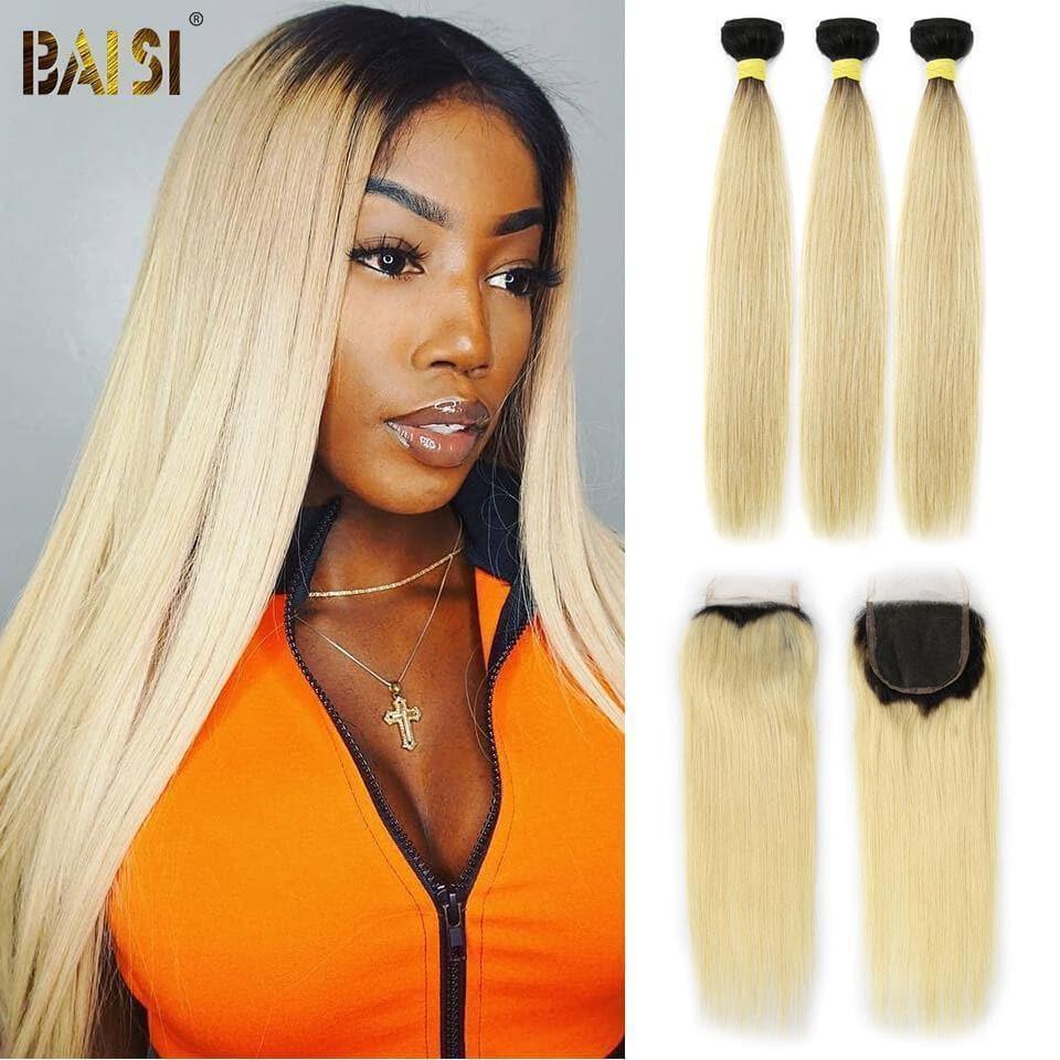 BAISI 10A 100% Cheveux Humains 1B/613# Eurasiens Lisses Blondes Mèche En Lot Avec Closure