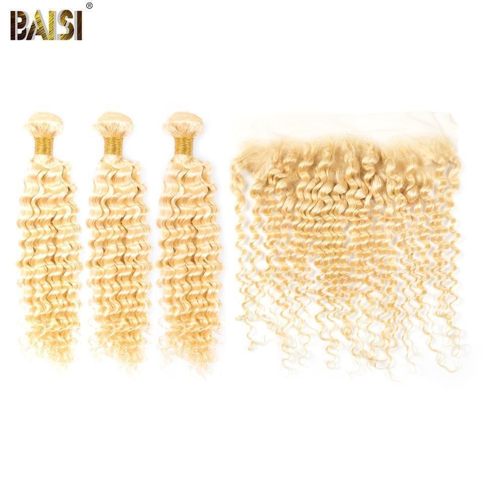 BAISI 10A 100% cabello humano 613 # paquetes de cabello rubio rizado de onda profunda con cierre/Frontal