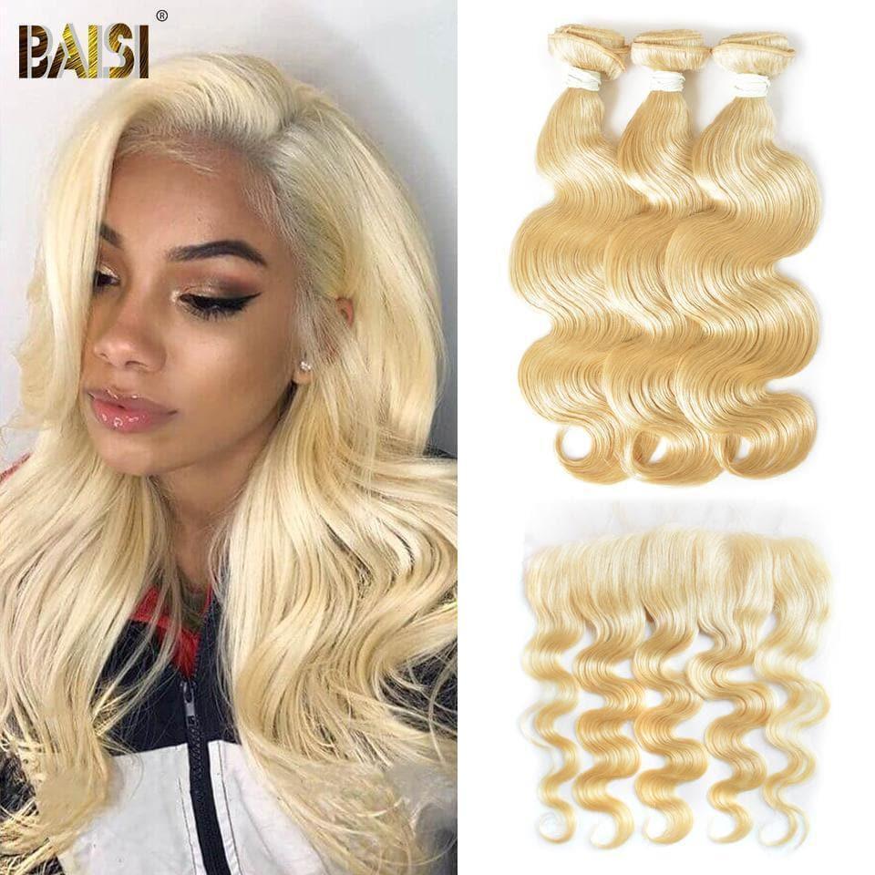 BAISI 10A 100% Human Hair 613# Eurasian Wavy Body Wave Blonde Hair Bundles With Frontal