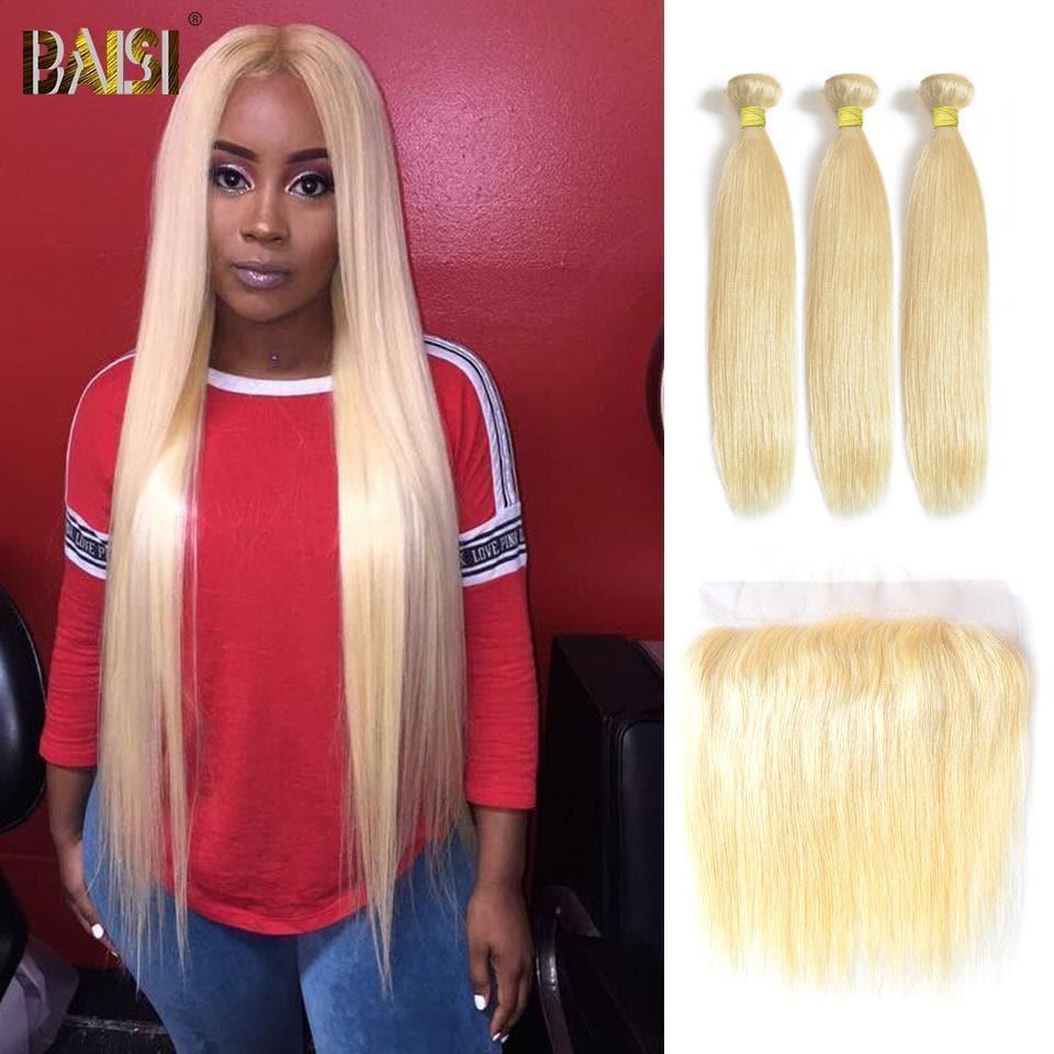 BAISI 10A 100% Human Hair 613# Eurasian Straight Blonde Hair Bundles With Frontal