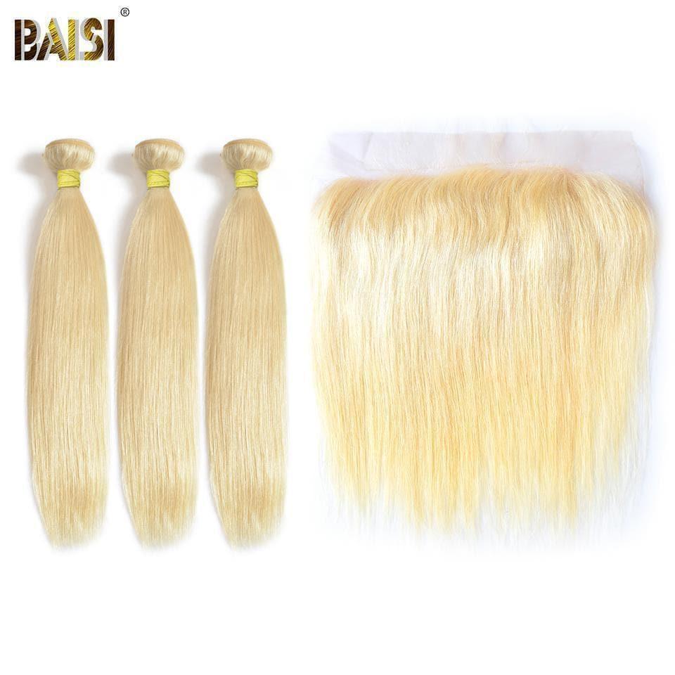 BAISI 10A 100% Human Hair 613# Eurasian Straight Blonde Hair Bundles With Frontal
