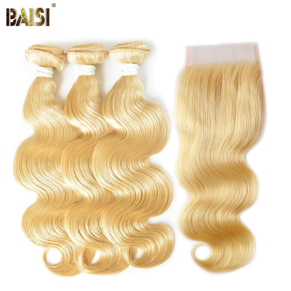 BAISI 10A Bündelgewebe mit Verschluss 100 % eurasisches Menschenhaar, gewelltes, reines Haar, Körperwelle, blond #613