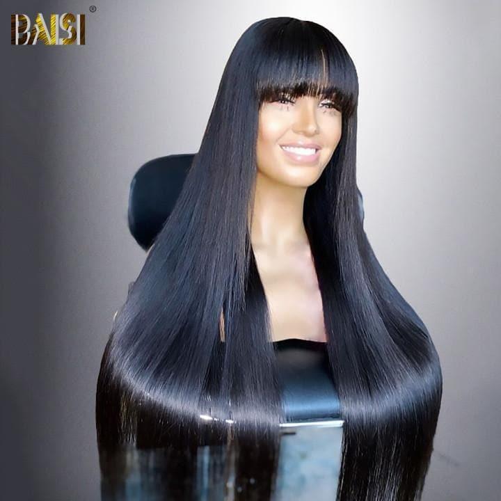 BAISI Peruca frontal de renda reta natural com franja em cabelo 100% humano de boa qualidade