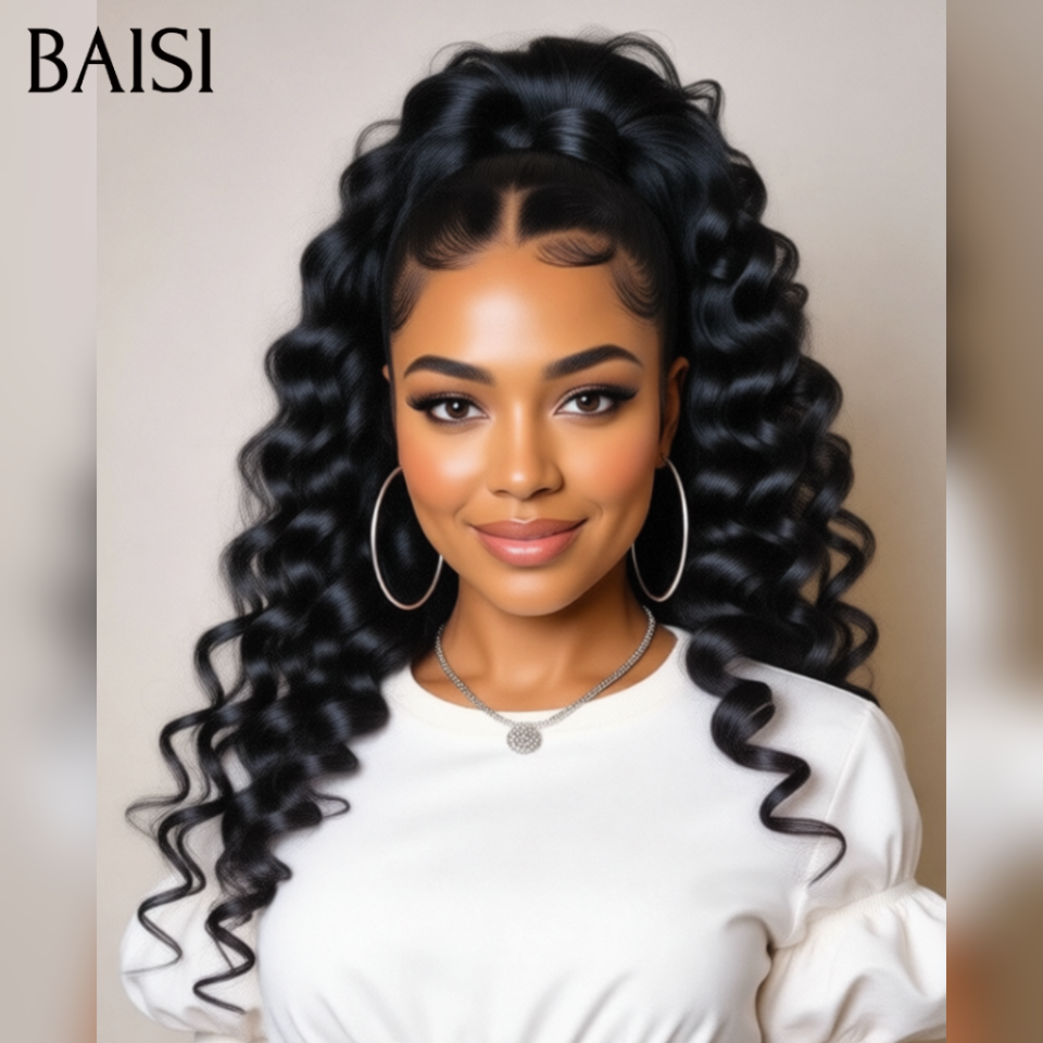 BAISI 13x4 Lace Frontal Perruque Naturelle Wave 22 Pouces avec coiffure tressée natte En couleur NOIR Déjà Coiffée comme la photo en 100% Cheveux Humains