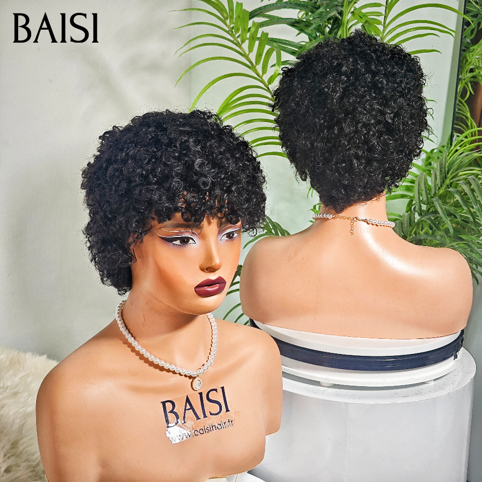 BAISI Perruque pixie curly wave Fabriqué à la Machine Promotion Sans Colle 60€ en 100% Cheveux Humains