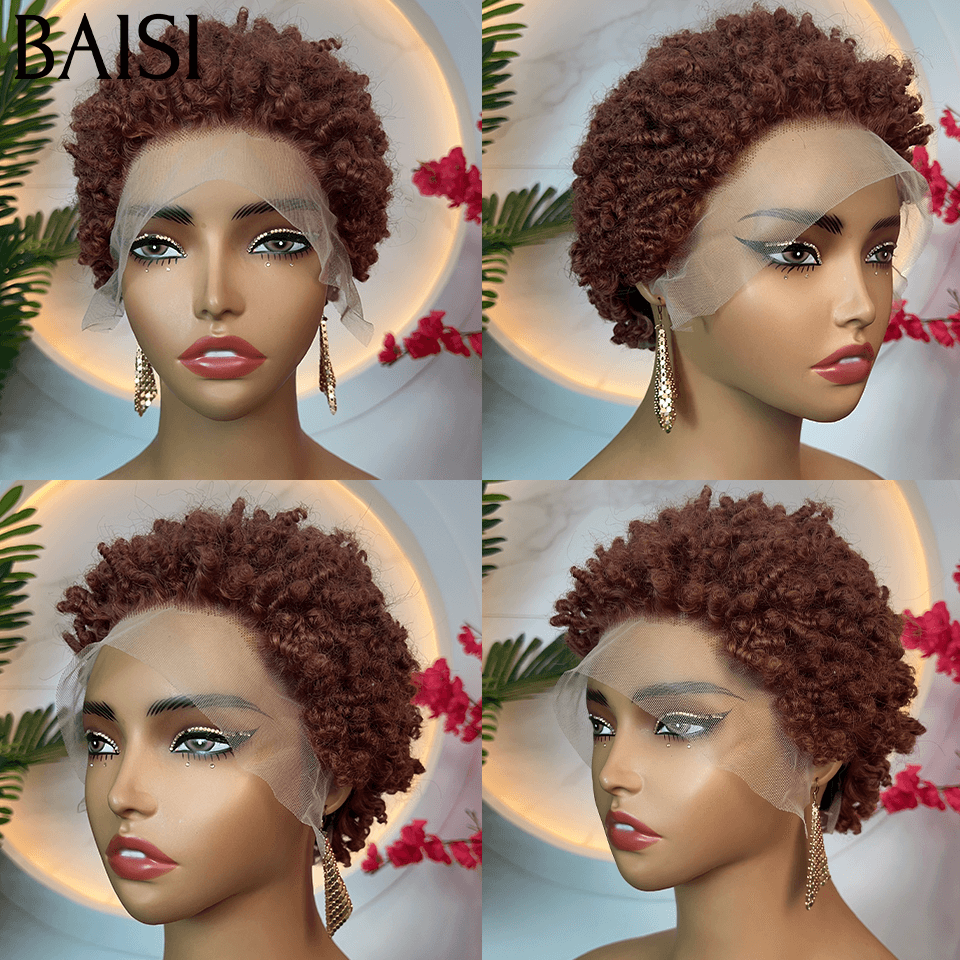 BAISI 13X4 lace pixie curly wave Marron 56€ ou afro curly 98€ Perruque  en Couleur 33# en 100% Cheveux Humains FR38