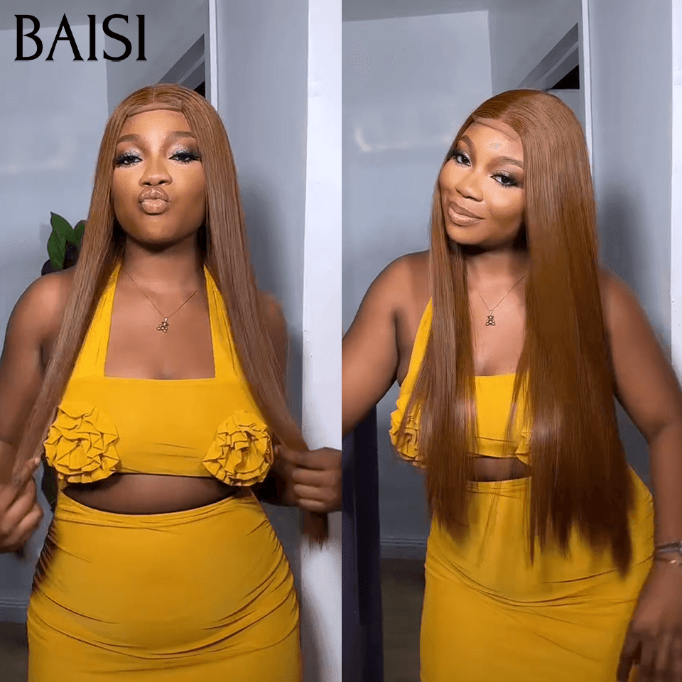 BAISI 13X4 lace Frontal Perruque Curly  Gingembre Orange ou 13X4 Lisse  en Couleur Marron 20 Pouces  100% Cheveux Humains