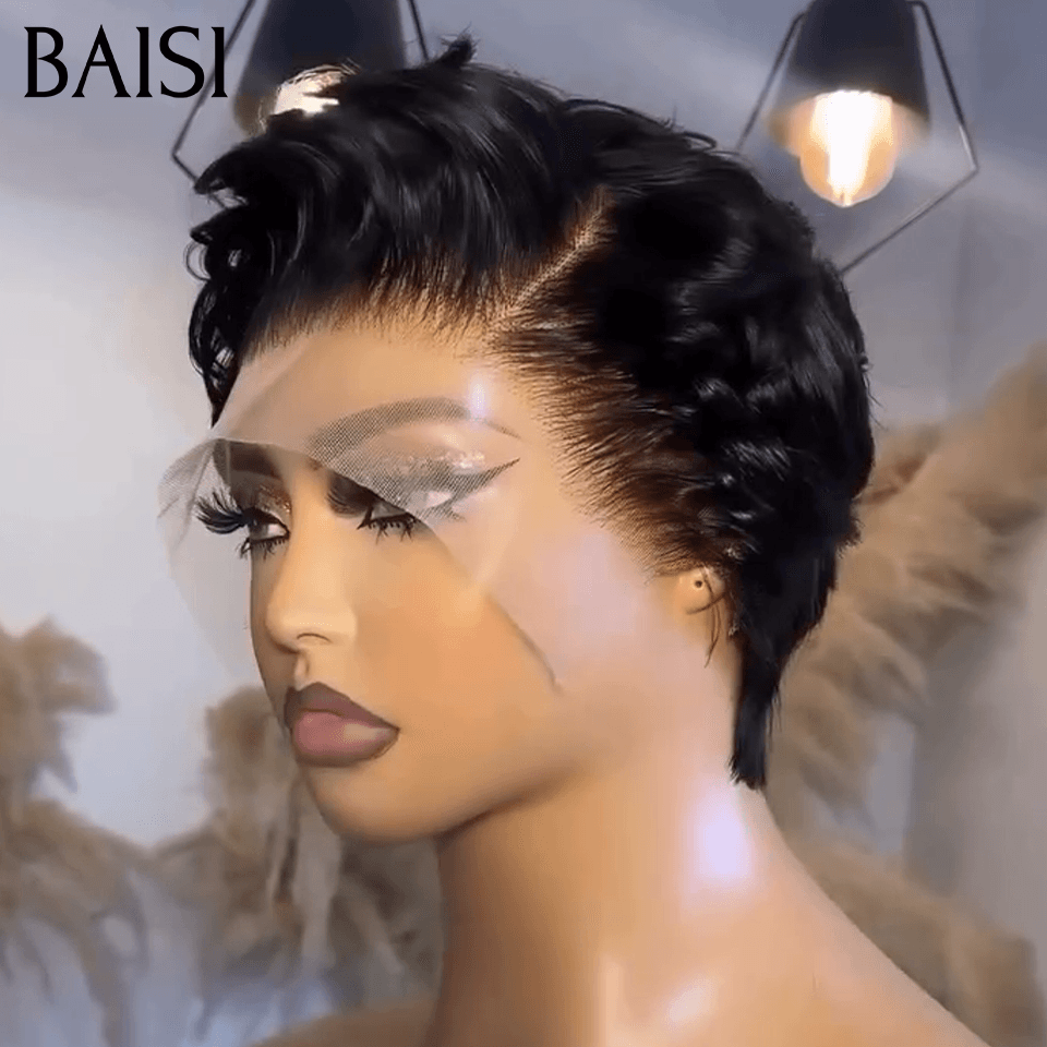 BAISI Pixie Finger Wave Wig corte pequeno 13x4 renda frontal 6 polegadas € 79 em cabelo 100% humano BAISI20