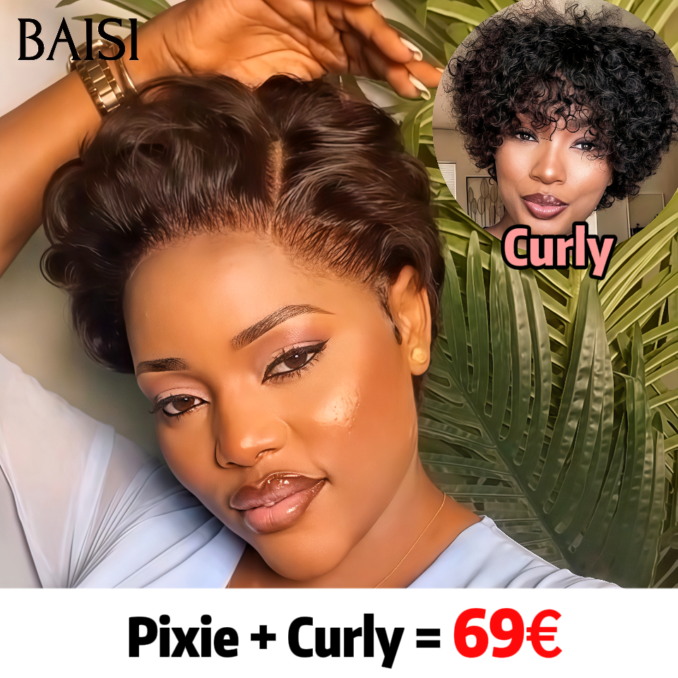 BAISI Promo 2 Perruques 69€ pixie PRIX GROSSITE lace frontal et sans Colle pixie curly en France en 100% Cheveux Humains