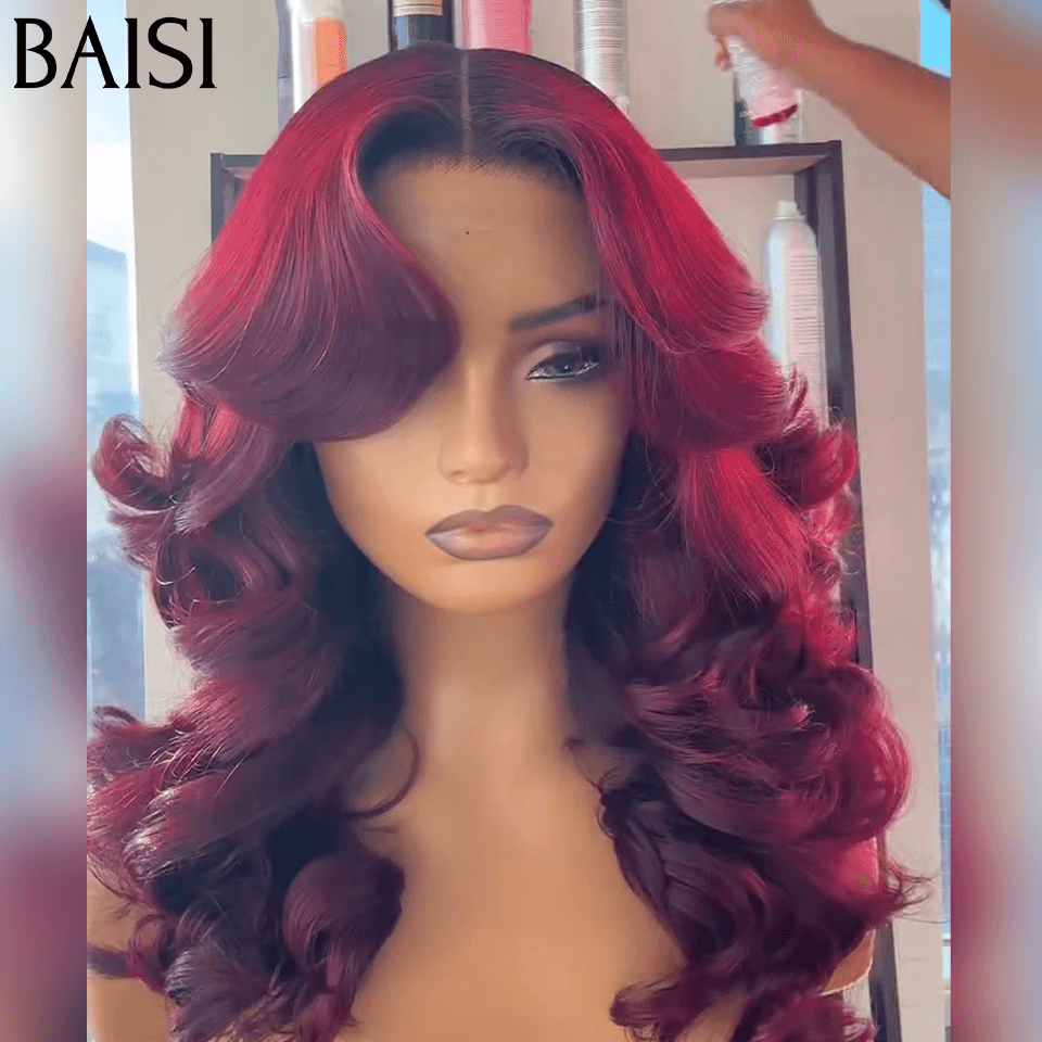 BAISI 13X4 Lace Frontal Perruque Bouclée  Wave 16 pouces 136euro en couleur 99J#  En 100% Cheveux Humains