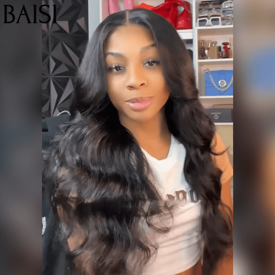 BAISI 13x6 Frontal-Körperwellen-Perücke, vorgezupft, kein Kleber erforderlich, aus 100 % Rohhaar, Spitze bereits geschnitten