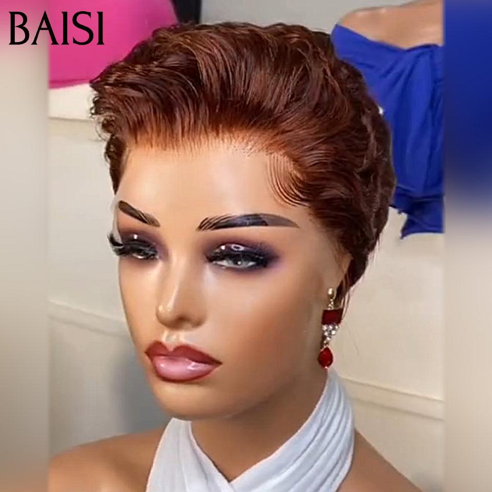 BAISI 13X4 Lace Frontale Pixie Coiffure à la Mode Marron 4# 68€ et Perruque Pixie Finger Wave petite coupe fabriqué à la machine 49€ En 100% Cheveux Humains FR20