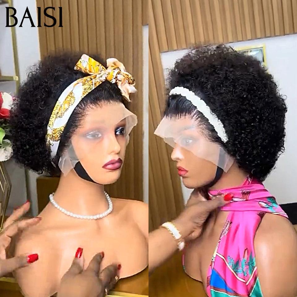 BAISI Prix Perruque Pixie Afro Curl 13x4 lace frontal bouclé partout Noir en 100% cheveux humains F-905 FR20