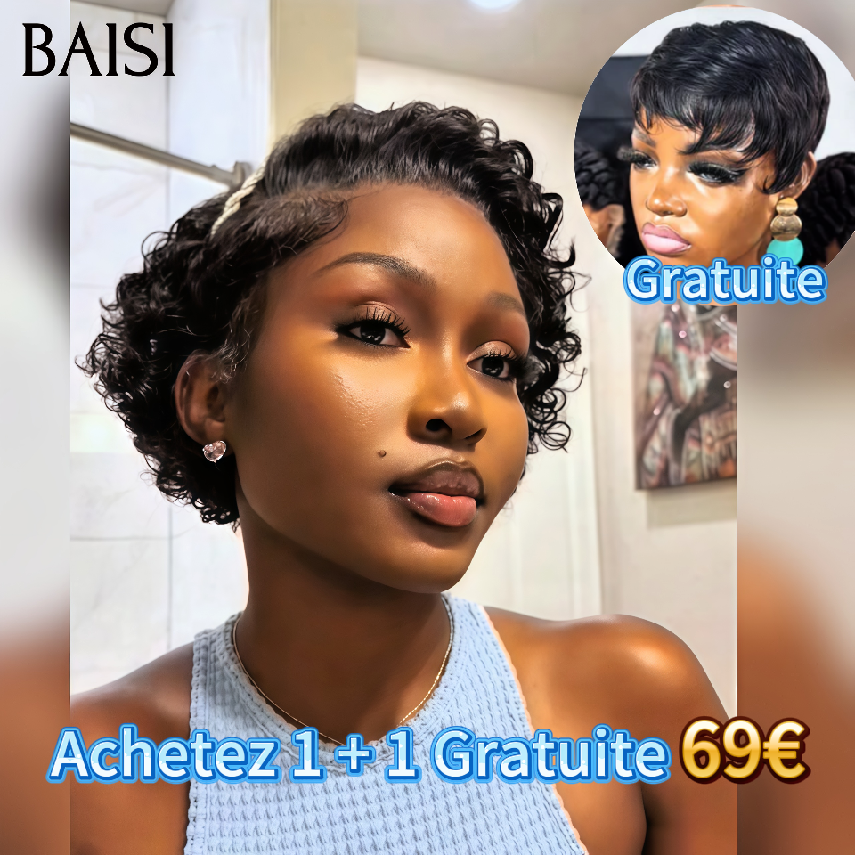 BAISI  Achetez 1 + 1 Gratuite 69€ 13x4 lace frontal pixie curly wave NOIR et sans Colle pixie Lisse en 100% Cheveux Humains