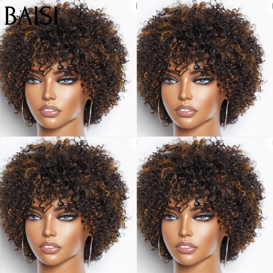 BAISI Prix 83€ Perruque Pixie Afro curly en couleur noir mix miel sans colle 100% Cheveux Humains Fabriqué à la Machine BS65