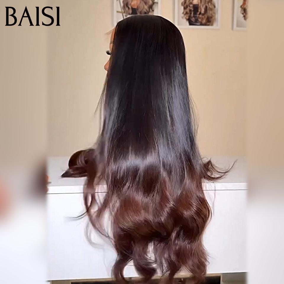 BAISI 13x4 Frontal-Körperwellen-Perücke in Braun #1B4, vorgezupft, kein Kleber erforderlich, aus 100 % Rohhaar, Spitze bereits geschnitten