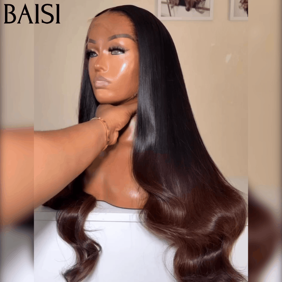 BAISI 13x4 Frontal-Körperwellen-Perücke in Braun #1B4, vorgezupft, kein Kleber erforderlich, aus 100 % Rohhaar, Spitze bereits geschnitten