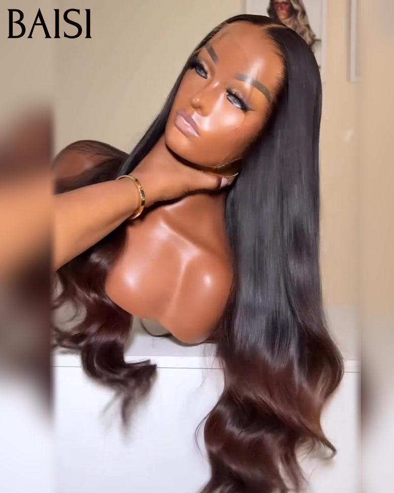 BAISI 13x4 Frontal-Körperwellen-Perücke in Braun #1B4, vorgezupft, kein Kleber erforderlich, aus 100 % Rohhaar, Spitze bereits geschnitten