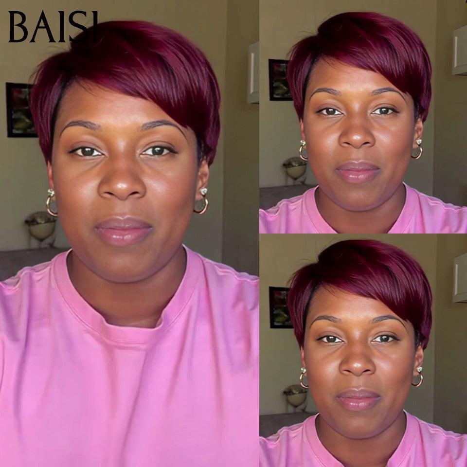 BAISI Prix sans lace 48€ pixie afro curl ou 50€ Perruque Pixie Lisse en couleur 99J#  sans colle 100% Cheveux Humains Fabriqué à la Machine F-026 BS65