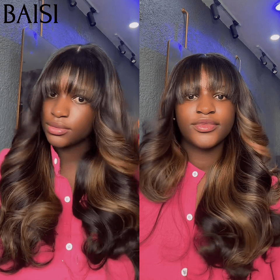 Perucas luxuosas onda ovo BAISI com franja feita por cabelo duplo desenhado com divisão média natural 300% de densidade