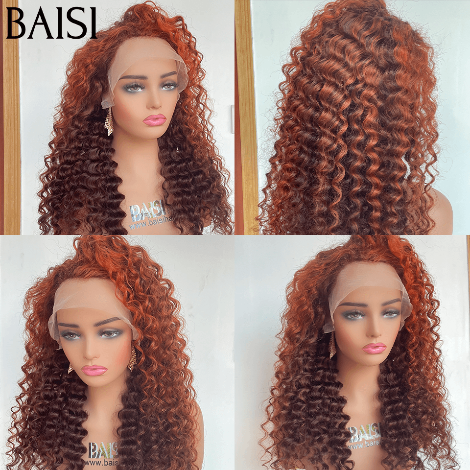 BAISI 13x4 Lace Frontal Deep Wave Perücke in der Farbe #1B Mixed Orange aus 100 % Echthaar