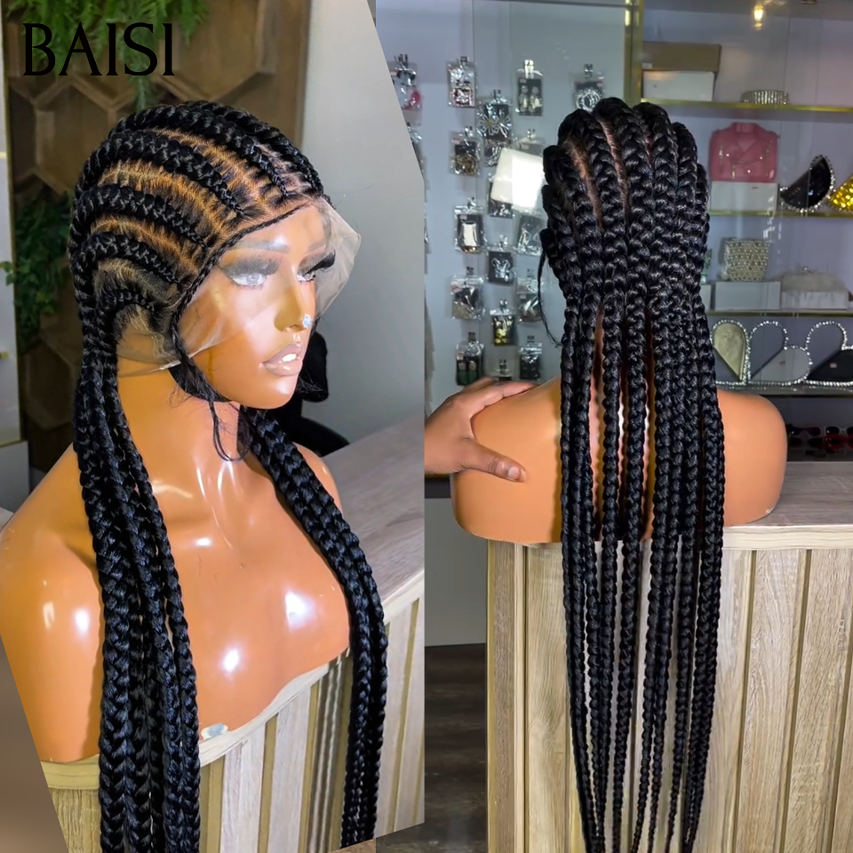 BAISI Perruque avec coiffure tressée natte noir Avec Full Lace 169€ Moitié prix en 100% Cheveux Humains Comme la photo