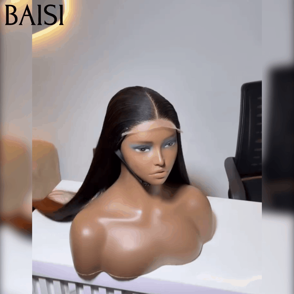 BAISI Renda invisível pré-arrancada frontal pré-arrancada resultado impecável 13x4 Peruca frontal reta na cor # 1B4 Pré-arrancada Sem necessidade de cola em cabelo 100% cru Renda já cortada