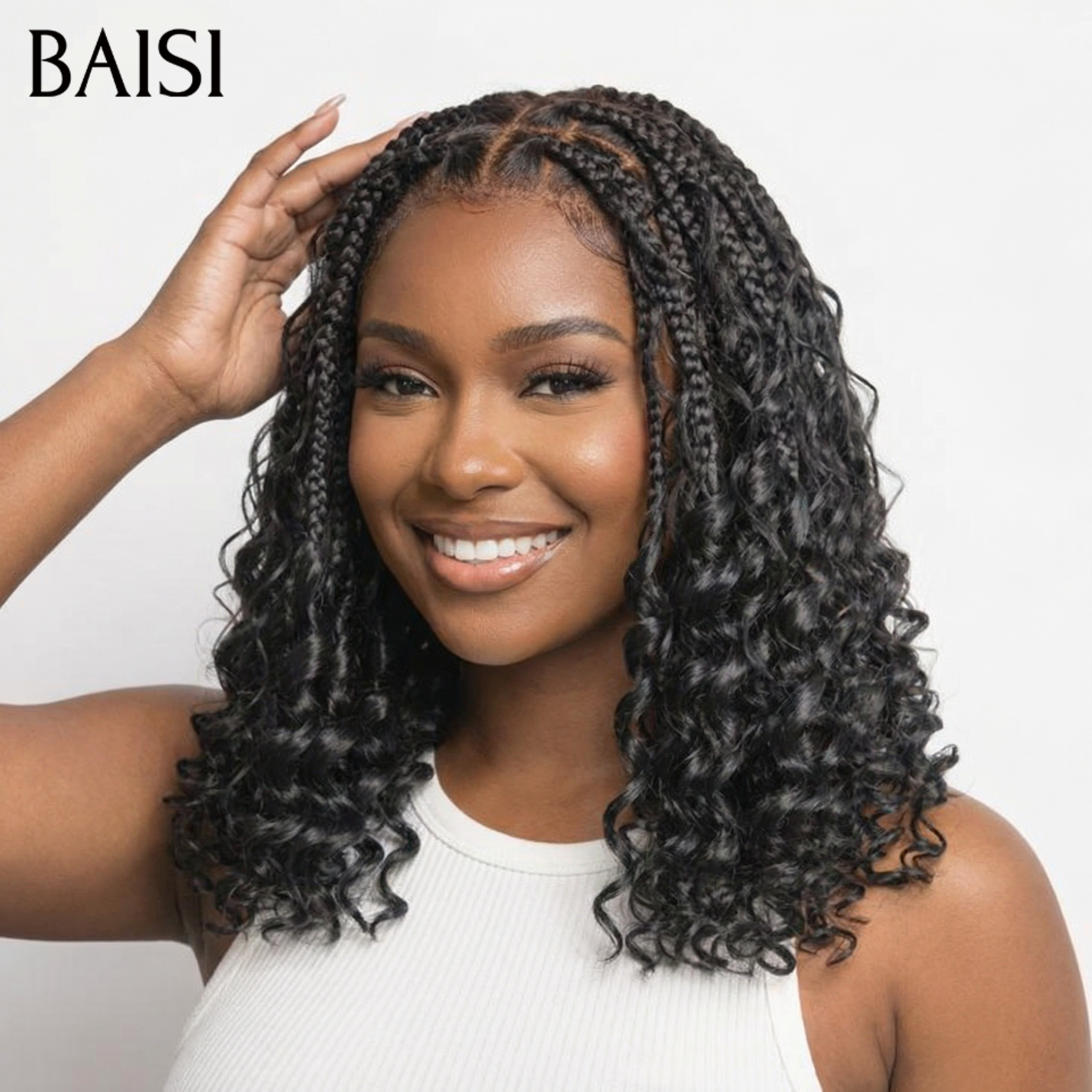 BAISI 13X4 lace Perruque Personnalisé curly Wave noir 16 pouce 98€ avec coiffure tressée natte en 100% Cheveux Humains FR38