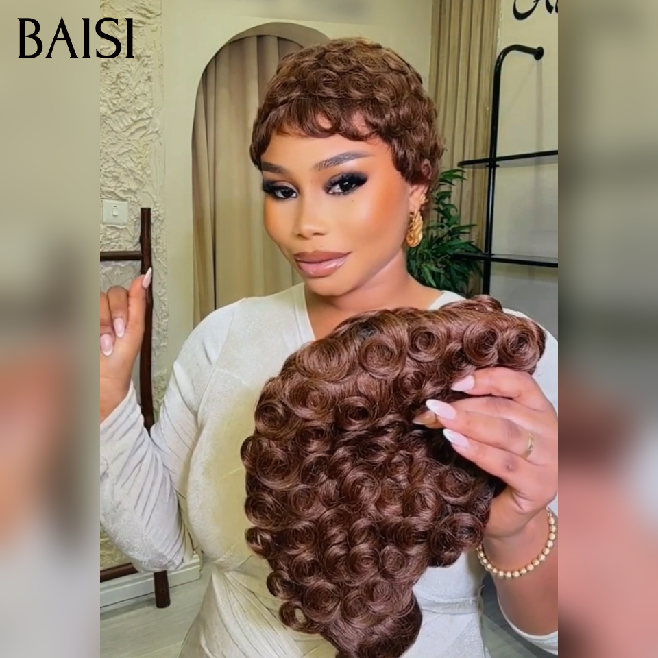 BAISI Perruque chioma pixie finger wave sans Colle Fabriqué à la Machine Moitié Prix 40€marron Facile à porter en 100% Cheveux Humains