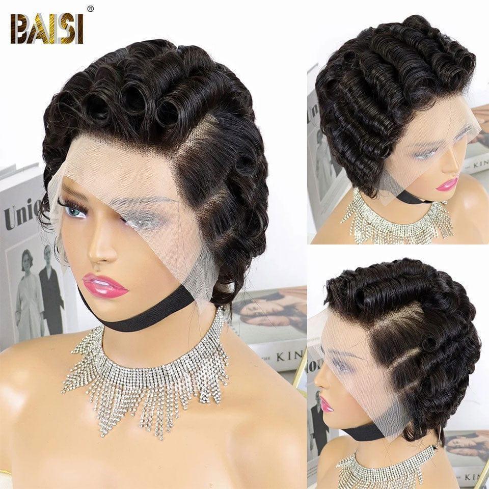 BAISI Offre aujourd'hui 59€ Pixie Marron 13X4 lace Perruque Pixie vague En 4 Couleur Miel ou NOIR ou orange ou Bordeaux en 100% Cheveux Humains