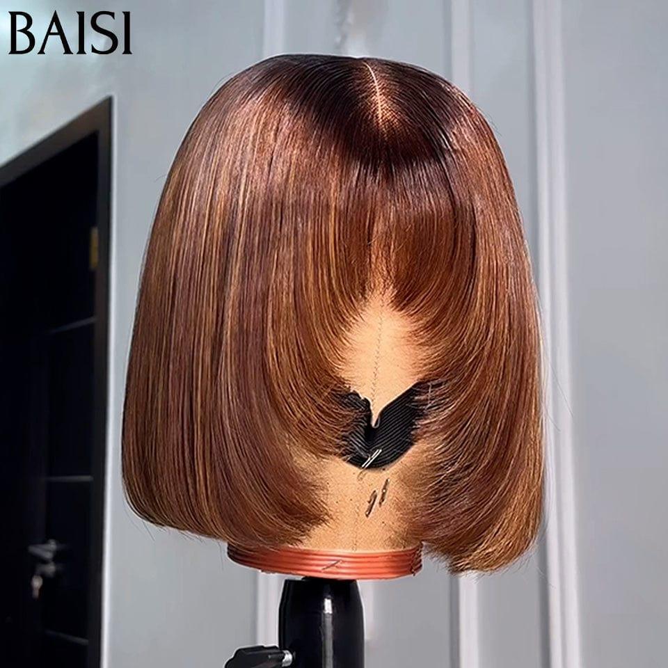 BAISI 15A Glueless Lace Front Straight Bob With Bangs Luxury Wigs 100% Vietnam Hair SDD BONE STRAIGHT Color T#4 mixed #27 300% A1 density Made by double drawn hair