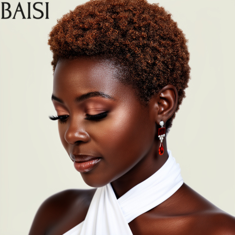 BAISI Perruque pixie 13x4 lace frontal  Promotion 79€ afro en couleur brun Design unique et facile à porter en 100% Cheveux Humains