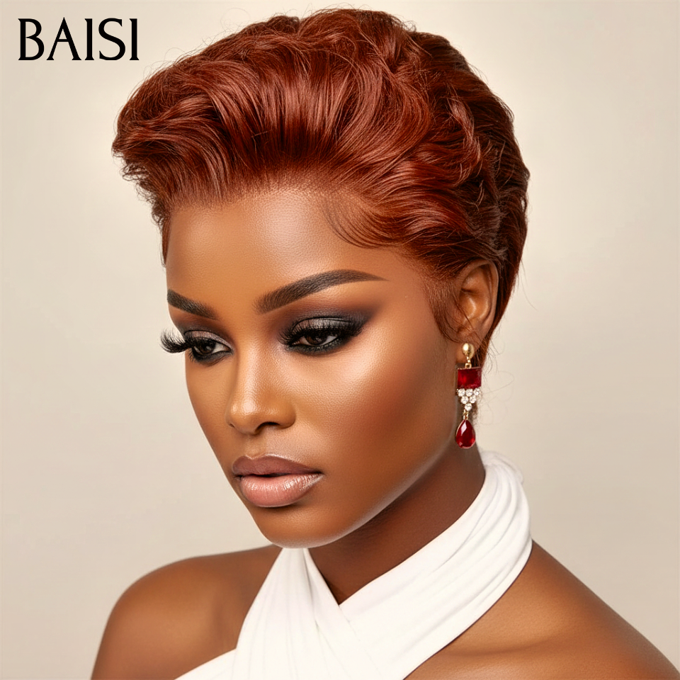 BAISI 13x4 Lace Frontale Perruque Pixie finger wave petite coupe 68€ Marron En 100% Cheveux Humains