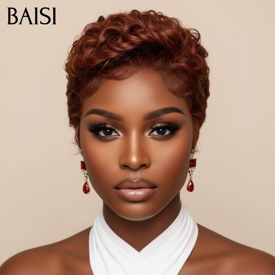 BAISI Perruque pixie 13x4 lace frontal  Promotion 68€ en couleur Marron Design unique et facile à porter en 100% Cheveux Humains